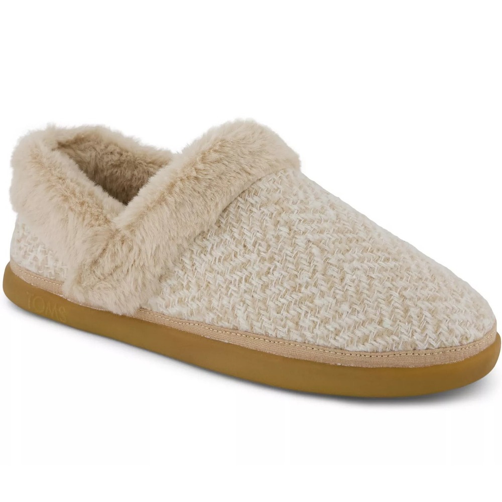TOMS Women's Oslo Slip On fur lined Slippers Oatmeal Cozy Herringbone SZ 12